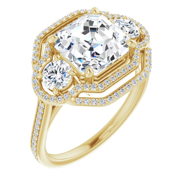 10K Yellow Gold Customizable Enhanced 3-stone Double-Halo Style with Asscher Cut Center and Thin Band
