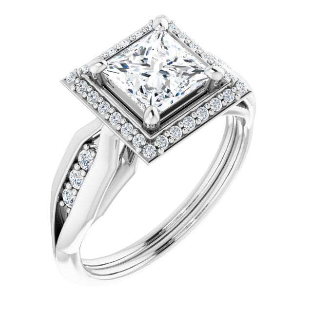 10K White Gold Customizable Cathedral-raised Princess/Square Cut Design with Halo and Tri-Cluster Band Accents