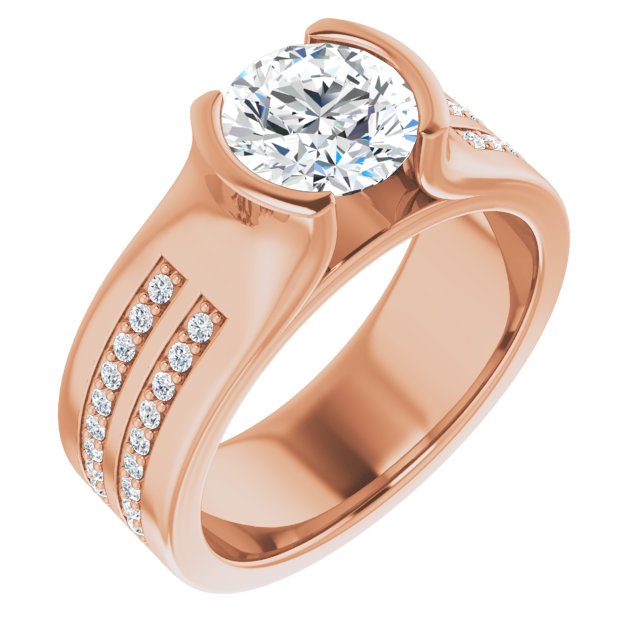 10K Rose Gold Customizable Bezel-set Round Cut Design with Thick Band featuring Double-Row Shared Prong Accents