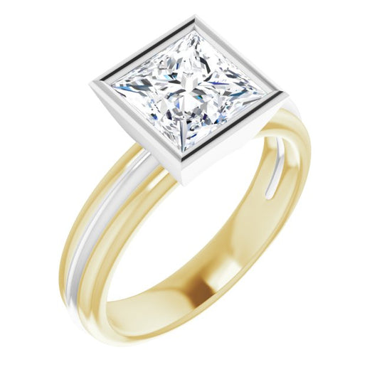 14K Yellow & White Gold Customizable Bezel-set Princess/Square Cut Solitaire with Grooved Band