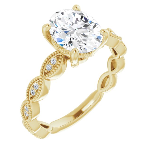10K Yellow Gold Customizable Oval Cut Artisan Design with Scalloped, Round-Accented Band and Milgrain Detail