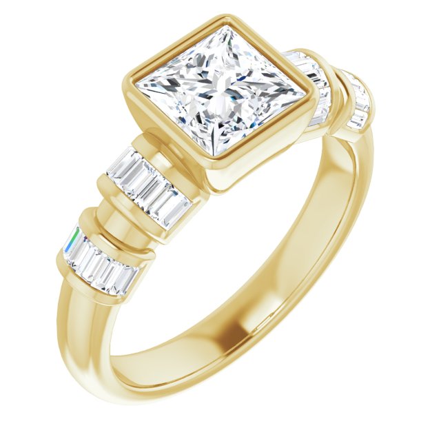 10K Yellow Gold Customizable Bezel-set Princess/Square Cut Design with Quad Horizontal Band Sleeves of Baguette Accents