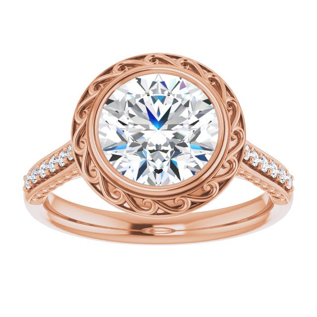 Cubic Zirconia Engagement Ring- The Itzayana (Customizable Cathedral-Bezel Round Cut Design featuring Accented Band with Filigree Inlay)