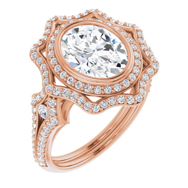10K Rose Gold Customizable Oval Cut Style with Ultra-wide Pavé Split-Band and Nature-Inspired Double Halo