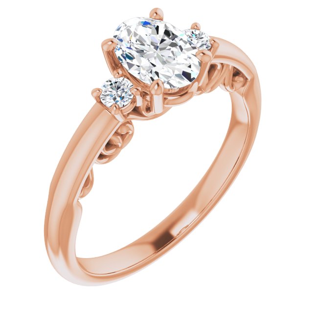 10K Rose Gold Customizable Oval Cut 3-stone Style featuring Heart-Motif Band Enhancement