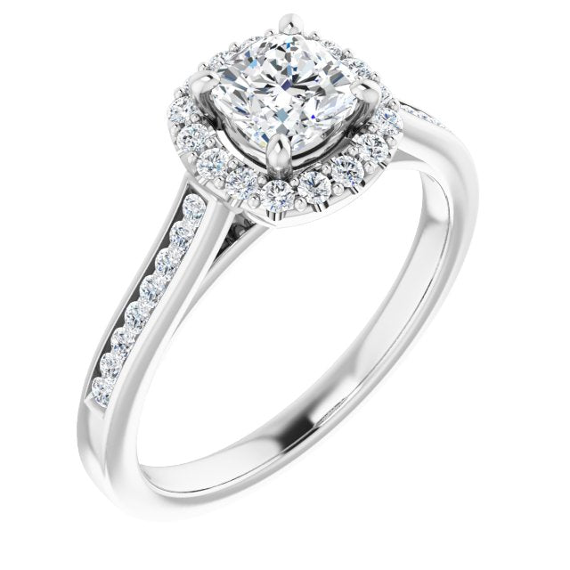 10K White Gold Customizable Cushion Cut Design with Halo, Round Channel Band and Floating Peekaboo Accents