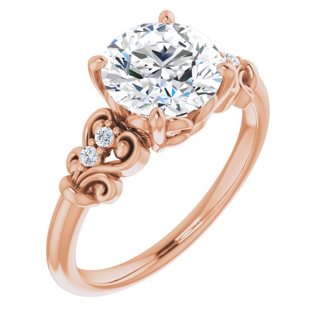 14K Rose Gold Customizable Vintage 5-stone Design with Round Cut Center and Artistic Band Décor