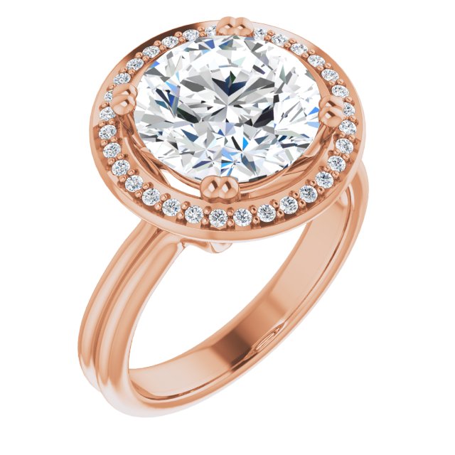 10K Rose Gold Customizable Round Cut Style with Scooped Halo and Grooved Band