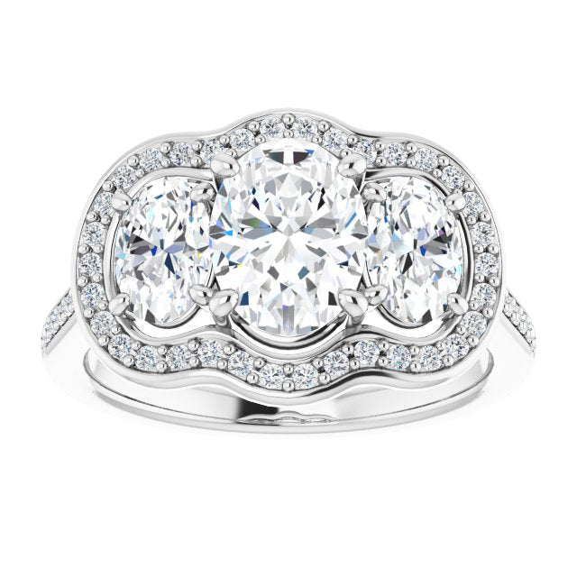 Cubic Zirconia Engagement Ring- The Dulce (Customizable Oval Cut Style with Oval Cut Accents, 3-stone Halo & Thin Shared Prong Band)