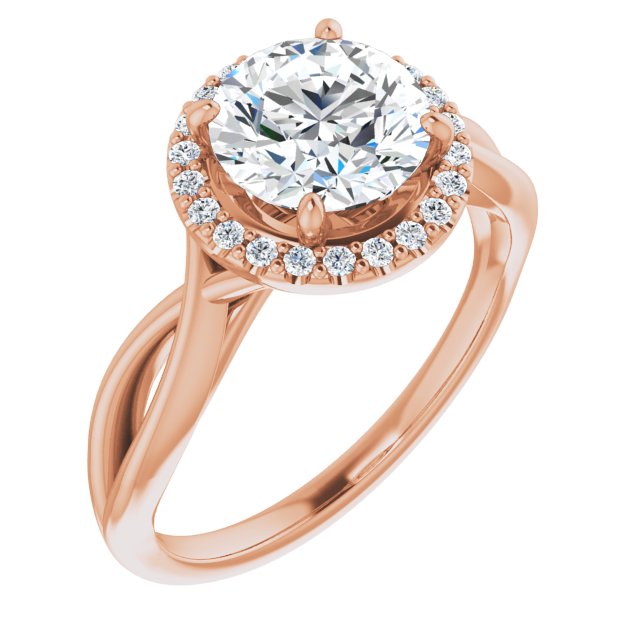 10K Rose Gold Customizable Cathedral-Halo Round Cut Design with Twisting Split Band