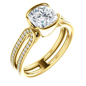 Cubic Zirconia Engagement Ring- The Mariela (Customizable Cathedral-Bezel Cushion Cut Style with Wide Straight Split-Pavé Band)