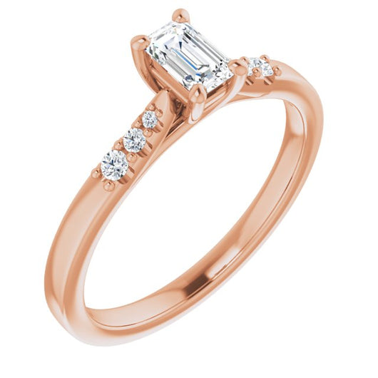 10K Rose Gold Customizable 7-stone Emerald/Radiant Cut Cathedral Style with Triple Graduated Round Cut Side Stones