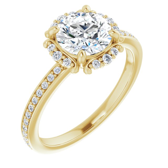 10K Yellow Gold Customizable Round Cut Style with Halo and Thin Shared Prong Band