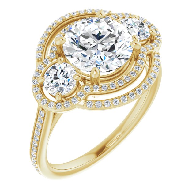 14K Yellow Gold Customizable Enhanced 3-stone Double-Halo Style with Round Cut Center and Thin Band