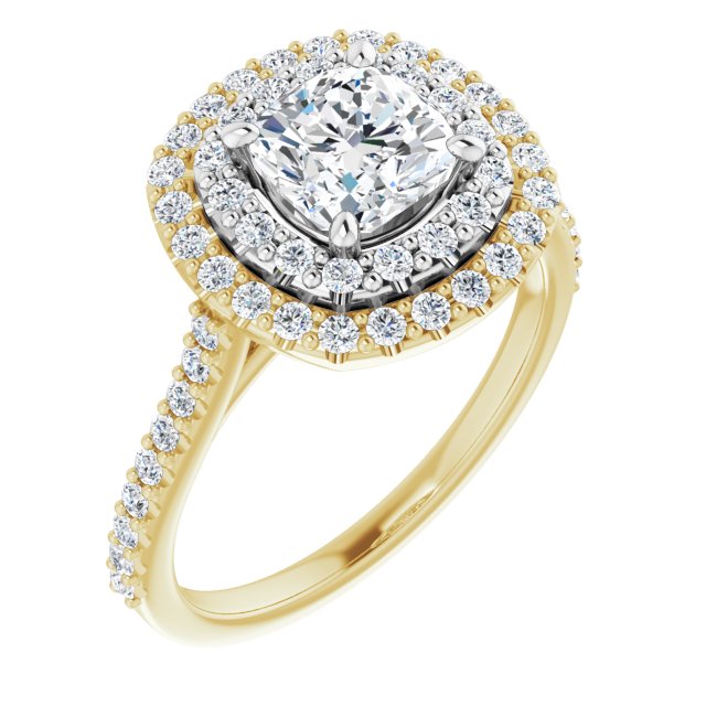 14K Yellow & White Gold Customizable Double-Halo Cushion Cut Design with Accented Split Band