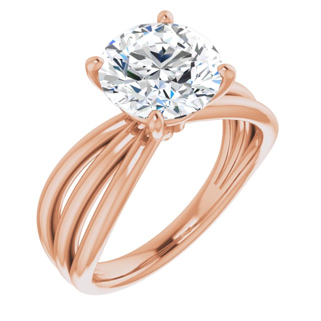 18K Rose Gold Customizable Round Cut Solitaire Design with Wide, Ribboned Split-band