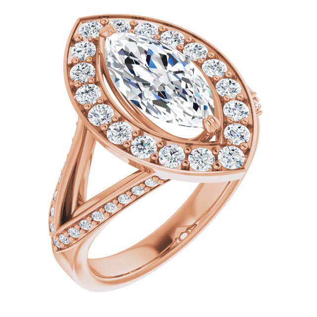 14K Rose Gold Customizable Marquise Cut Center with Large-Accented Halo and Split Shared Prong Band