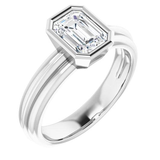 10K White Gold Customizable Bezel-set Emerald/Radiant Cut Solitaire with Grooved Band