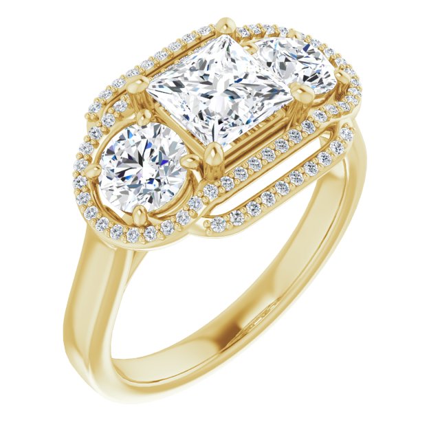 10K Yellow Gold Customizable Cathedral-set Enhanced 3-stone Princess/Square Cut Design with Multidirectional Halo