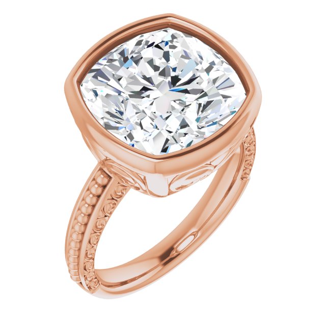 10K Rose Gold Customizable Bezel-set Cushion Cut Solitaire with Beaded and Carved Three-sided Band