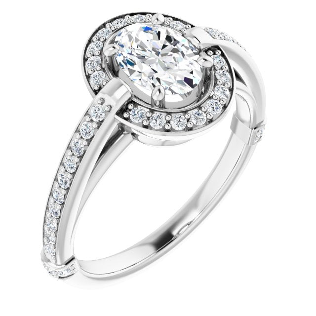 10K White Gold Customizable High-Cathedral Oval Cut Design with Halo and Shared Prong Band