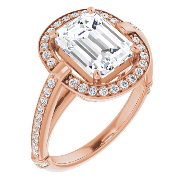 10K Rose Gold Customizable High-Cathedral Emerald/Radiant Cut Design with Halo and Shared Prong Band