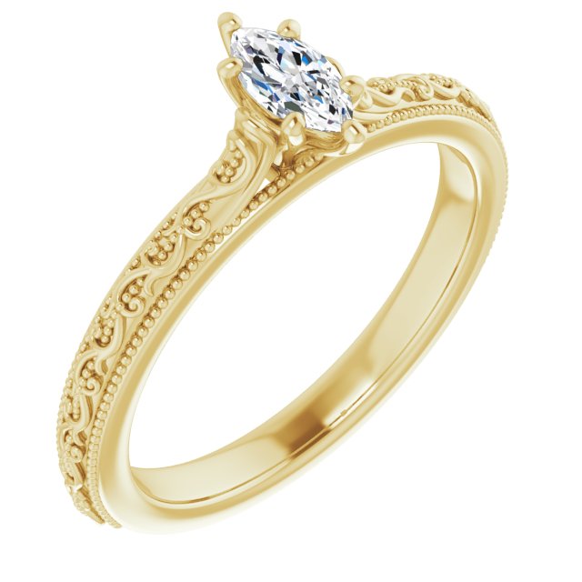 10K Yellow Gold Customizable Marquise Cut Solitaire with Delicate Milgrain Filigree Band