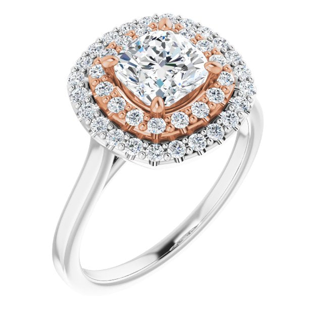 14K White & Rose Gold Customizable Cathedral-set Cushion Cut Design with Double Halo