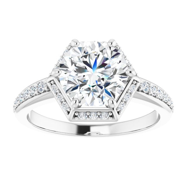 Cubic Zirconia Engagement Ring- The Gwen Noelle (Customizable Round Cut Design with Geometric Under-Halo and Shared Prong Band)