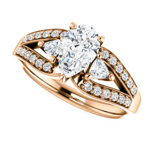 Cubic Zirconia Engagement Ring- The Karen (Customizable Enhanced 3-stone Design with Pear Cut Center, Dual Trillion Accents and Wide Pavé-Split Band)