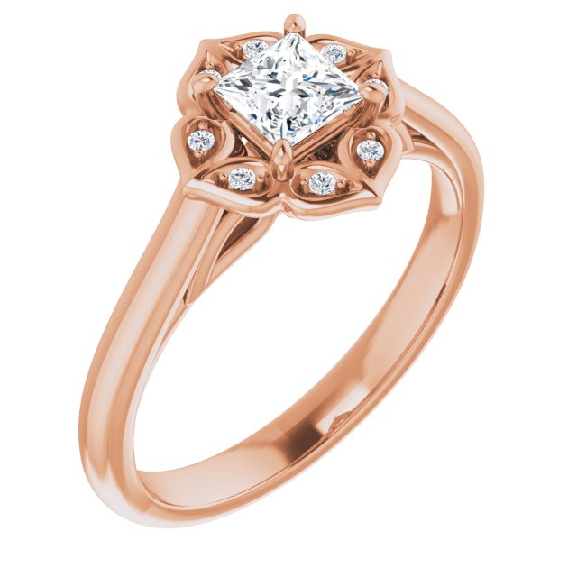 10K Rose Gold Customizable Cathedral-raised Princess/Square Cut Design with Star Halo & Round-Bezel Peekaboo Accents