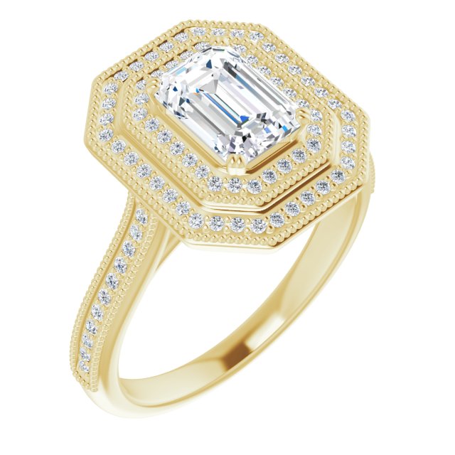 10K Yellow Gold Customizable Emerald/Radiant Cut Design with Elegant Double Halo, Houndstooth Milgrain and Band-Channel Accents