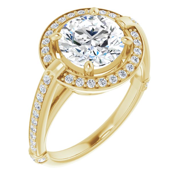 Cubic Zirconia Engagement Ring- The Ebba (Customizable High-Cathedral Round Cut Design with Halo and Shared Prong Band)
