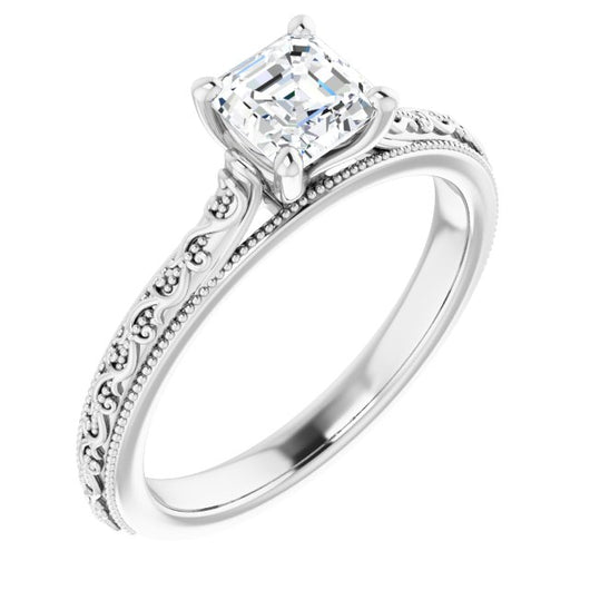 10K White Gold Customizable Asscher Cut Solitaire with Delicate Milgrain Filigree Band
