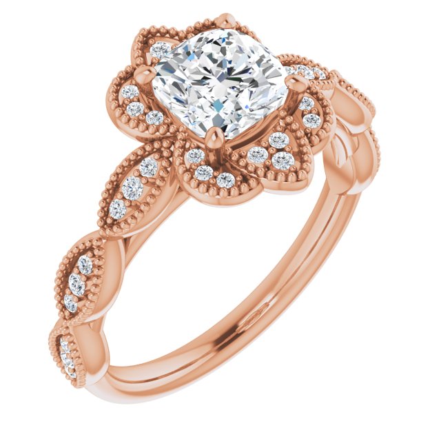 10K Rose Gold Customizable Cathedral-style Cushion Cut Design with Floral Segmented Halo & Milgrain+Accents Band