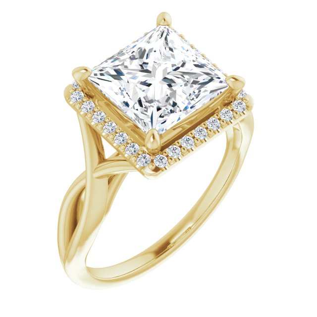 10K Yellow Gold Customizable Cathedral-Halo Princess/Square Cut Design with Twisting Split Band