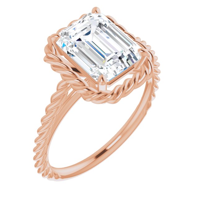 10K Rose Gold Customizable Cathedral-set Emerald/Radiant Cut Solitaire with Thin Rope-Twist Band