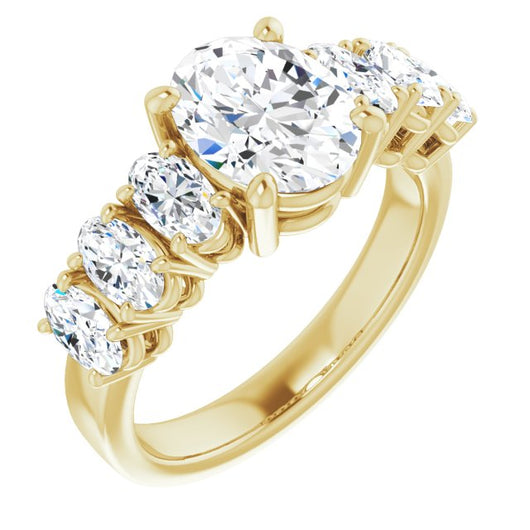 10K Yellow Gold Customizable 7-stone Oval Cut Design with Large Round-Prong Side Stones