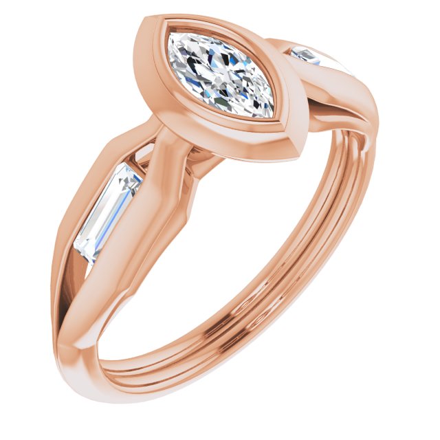 10K Rose Gold Customizable Bezel-set Marquise Cut Design with Wide Split Band & Tension-Channel Baguette Accents
