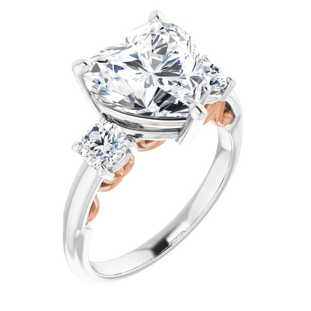 14K White & Rose Gold Customizable Heart Cut 3-stone Style featuring Heart-Motif Band Enhancement