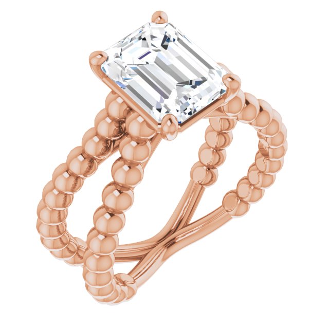 10K Rose Gold Customizable Emerald/Radiant Cut Solitaire with Wide Beaded Split-Band