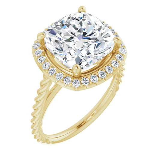10K Yellow Gold Customizable Cathedral-set Cushion Cut Design with Halo and Twisty Rope Band