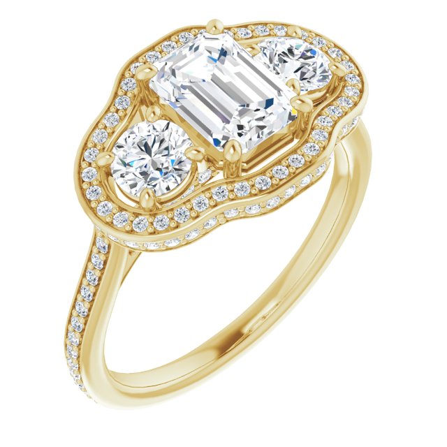 10K Yellow Gold Customizable 3-stone Emerald/Radiant Cut Design with Multi-Halo Enhancement and 150+-stone Pavé Band