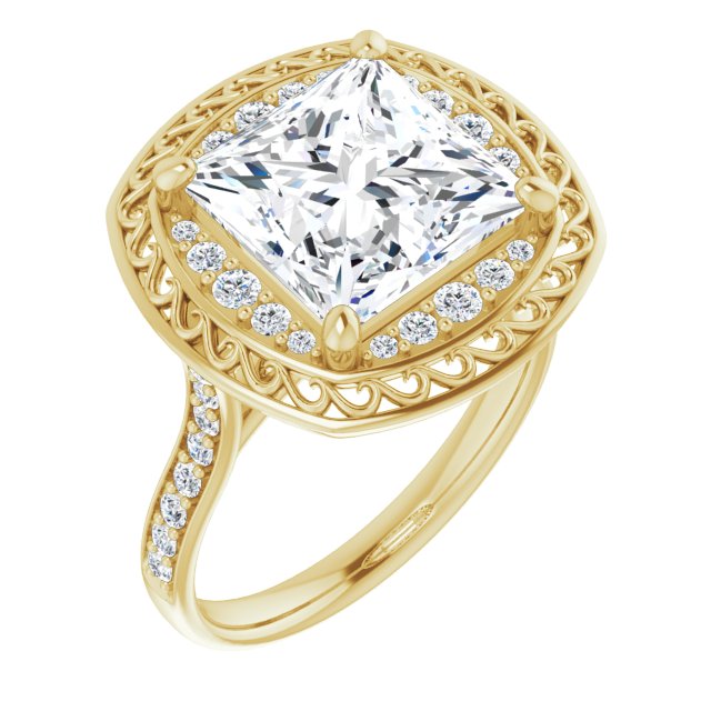 10K Yellow Gold Customizable Cathedral-style Princess/Square Cut featuring Cluster Accented Filigree Setting & Shared Prong Band