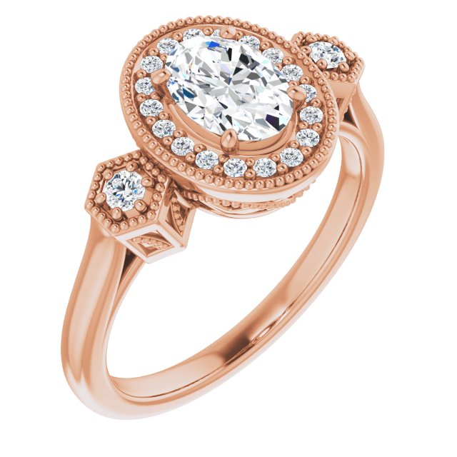 10K Rose Gold Customizable Cathedral Oval Cut Design with Halo and Delicate Milgrain