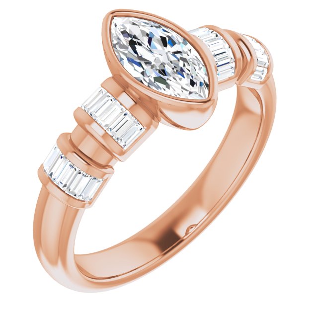 10K Rose Gold Customizable Bezel-set Marquise Cut Design with Quad Horizontal Band Sleeves of Baguette Accents