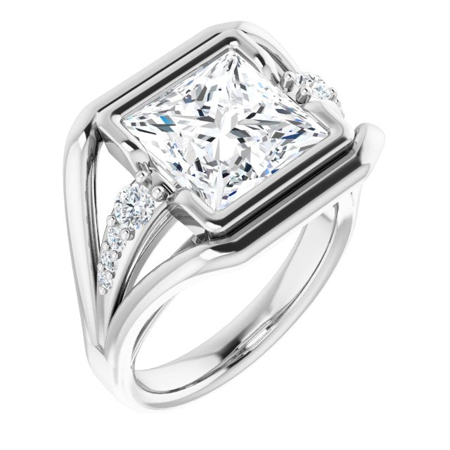 10K White Gold Customizable 9-stone Princess/Square Cut Design with Bezel Center, Wide Band and Round Prong Side Stones