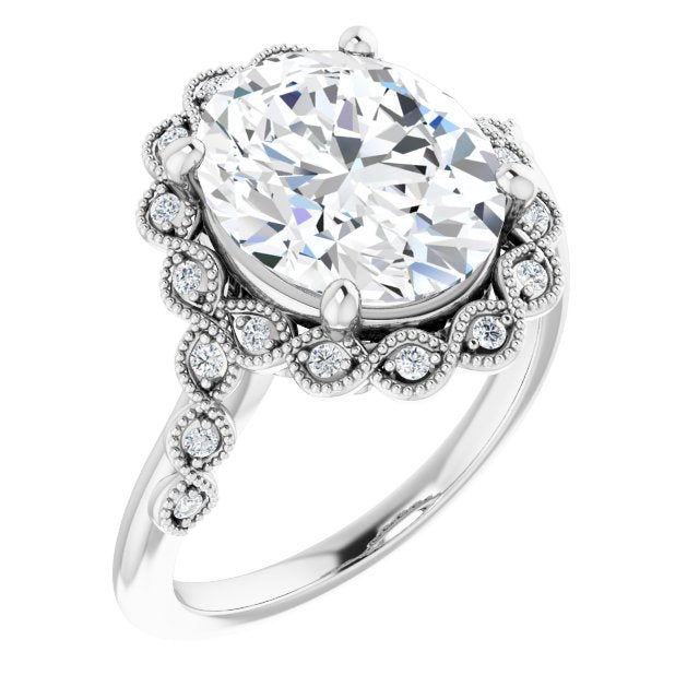 10K White Gold Customizable 3-stone Design with Oval Cut Center and Halo Enhancement
