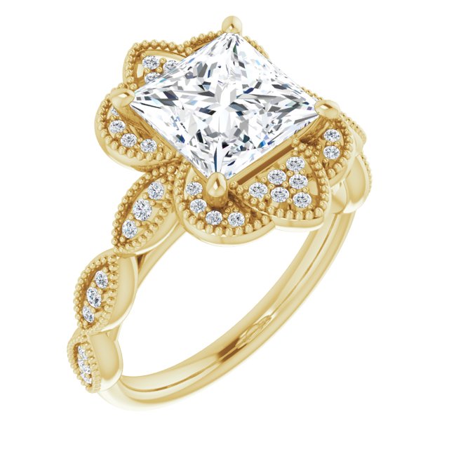 Cubic Zirconia Engagement Ring- The Huá (Customizable Cathedral-style Princess/Square Cut Design with Floral Segmented Halo & Milgrain+Accents Band)