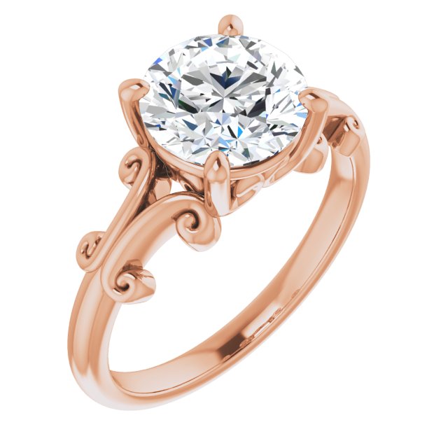 14K Rose Gold Customizable Round Cut Solitaire with Band Flourish and Decorative Trellis